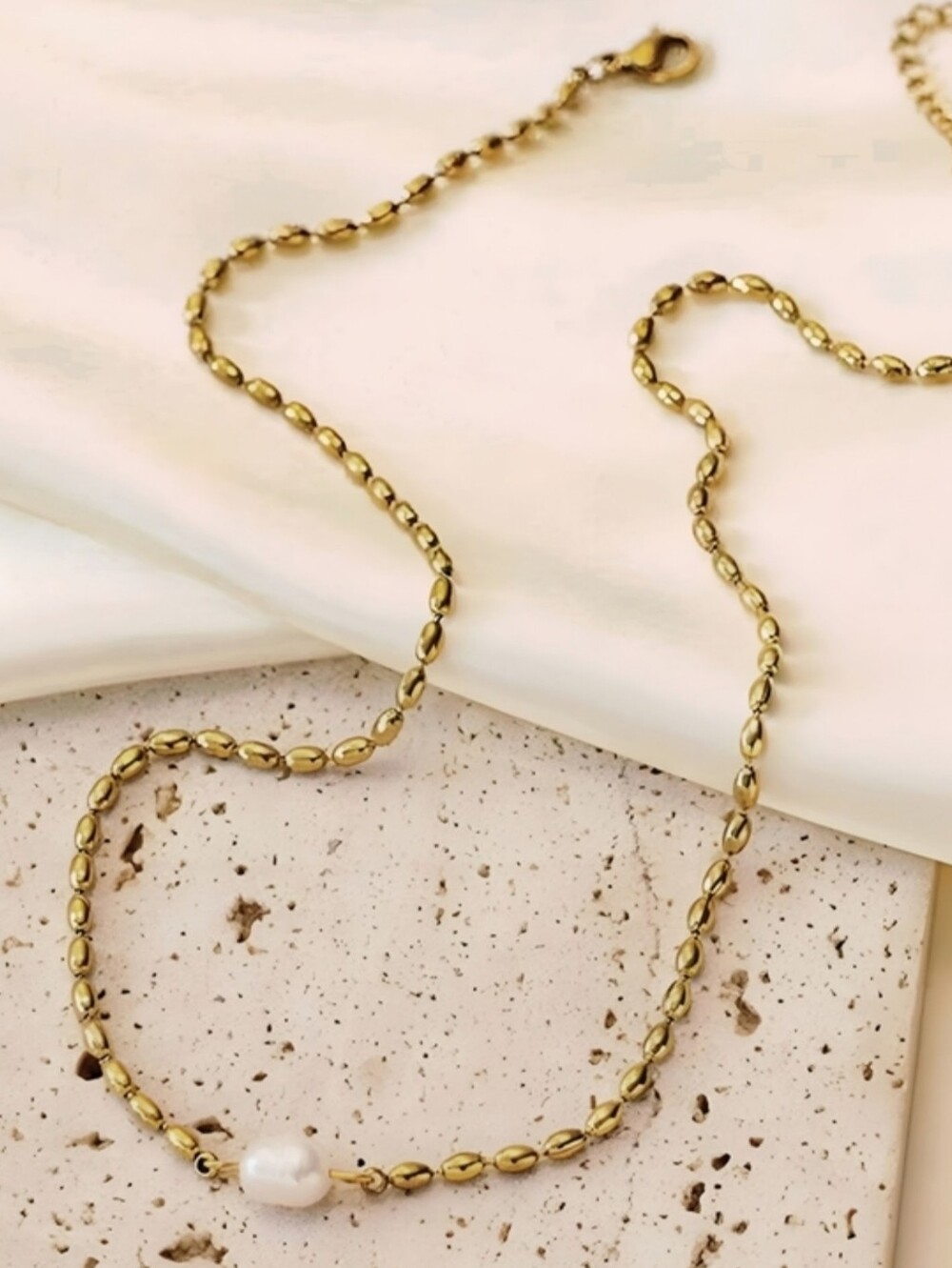 18k gp bean necklace with real freshwater pearl; 15.75" w/a 1.97" extender; nwot - Picture 9 of 10